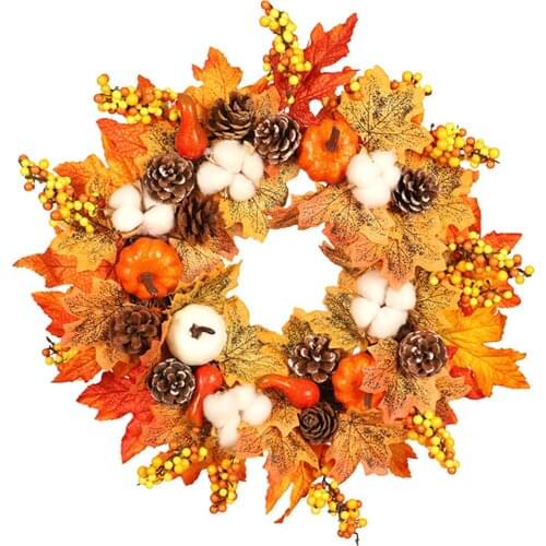 Fall Harvest Garland Artificial Cotton Pumpkin Wreath 18" Wall Decor Halloween
