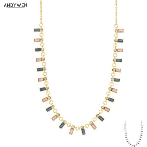 ANDYWEN 925 Sterling Silver Colorful Zircon Purple Blue Crystal Charm Chocker Necklace Long Chain Fashion Luxury Jewelry Gift