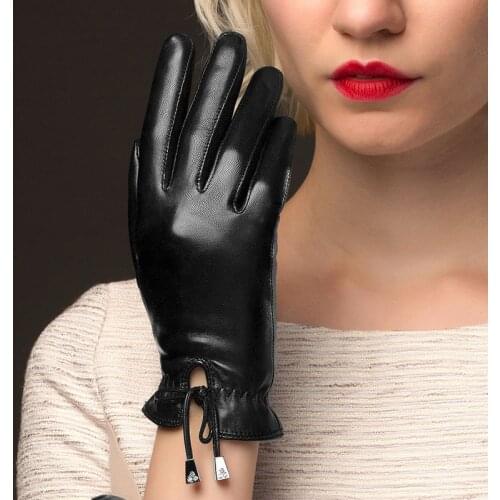 Sheepskin Real Leather Gloves Female Plus Velvet Leather Gloves Autumn Winter Keep Warm Fashion Black Womans Gloves NW775-1