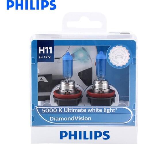 Philips 100% Original H11 12V 55W Diamond Vision 5000K Super White Light Halogen Bulbs Car Headlight Fog Lamp 12362DV S2, Pair