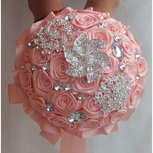 Blush Wedding Bouquets Satin Ribbon Simulation Flower Pearls Rhinestones Crystal Bridal Sweet 15 Quinceanera Bouquets W127-19