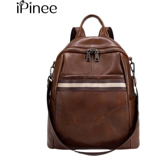 IPinee Retro Backpack Women Genuine Leather Shoulder Bags 12 Inches Travel Bag For Lady Patchwork Black/Grey/Brown Laptop Bag