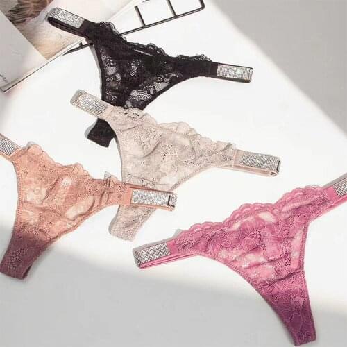 Sexy Rhinestone Letter G-String Panties Women Underwear Transparent Lace Floral Embroidery Thong Briefs Soft T Back Lingerie