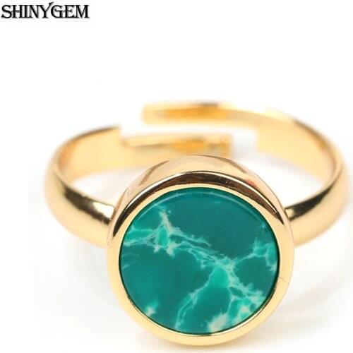 ShinyGem Natural Cabochon Gem Stone Rings Adjustable Vintage Gold Plating Sea Sediment Jaspers Rings For Women Gift