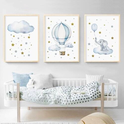 Blue Hot Air Balloon Elephant Golden Stars Poster Canvas Paintings Boy Nursery Wall Art Prints Poster KId Bedroom Decor Picture