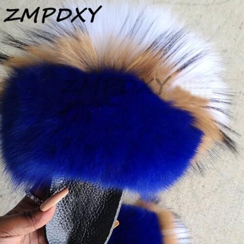 Women Luxury Real Fox Fur Slippers Slides For Women Indoor Outdoor Girls Fluffy House Sandals Ladies Flat Sole Soft Winter Shoes