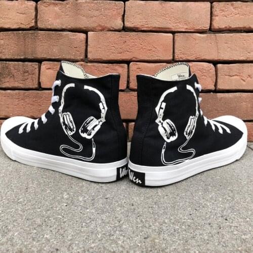 Wen Custom Design Earphones Hand Painted Canvas Shoes High Top Classic Black Sneakers Men Womens Skateboard Trainers