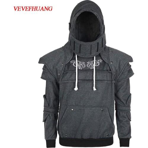 VEVEFHUANG Cosplay Vintage Medieval Knight Hoodie Warrior Soldier Hooded Sweatshirt Mask Armor Pullover Cosplay Hollween Costume