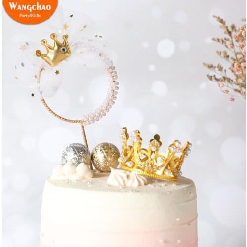 Iron Garland Pearl Bow Crown Happy Birthday Cake Topper Prince Princess Theme Wedding Cake Decoration Kids Favors Party Supplies