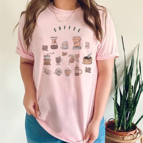Female Coffee Icons Print T Shirt Summer Casual O-neck Plus Size Women T-Shirts Cute Short Sleeve Coffee Lover Gift Tees Tops
