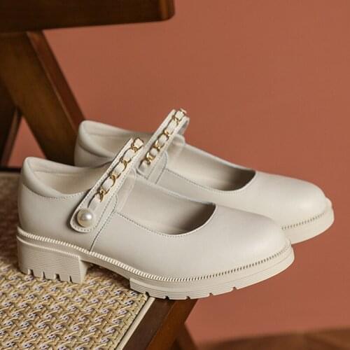 Pearl Metal chain mary janes woman real cow leather flats thick heels loafers lolita small leather shoes women plus size 40-43