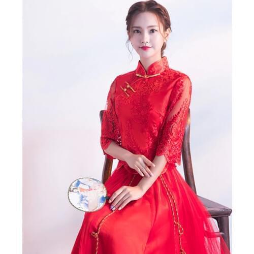 Women Traditional Cheongsam Wedding Dress Vintage Bridesmaid Qipao Lace Evening Dress Red Modern Party Dresses Robe