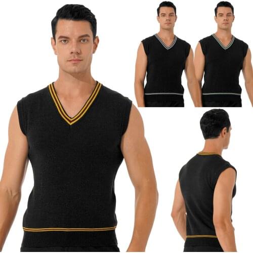 Vest Men Slim Sport Tops Halloween Cosplay Costume Knitted Vest V Neck Sleeveless Sweater Color Block Striped Waistcoat Knitwear