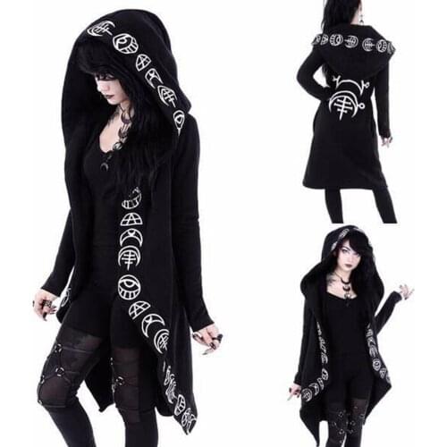 2020 New Winter Outwear 5XL Women Long Sleeve Punk Moon Print Hooded Black Cardigan Jacket Coat Plus Size Cardigan Warm Jacket