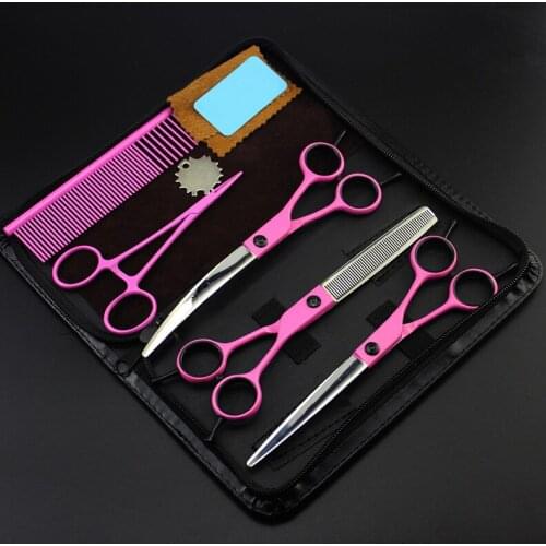 5 kit Professional Japan 440c 7 inch pink dog grooming hair scissors pet cutting barber thinning shears hairdressing scissors