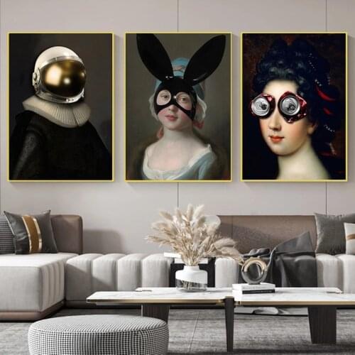 Abstract Modern Alien Helmet Wall Art Canvas Funny Bunny Ears Can Glasses Women Canvas Painting Living Room Home Decoration