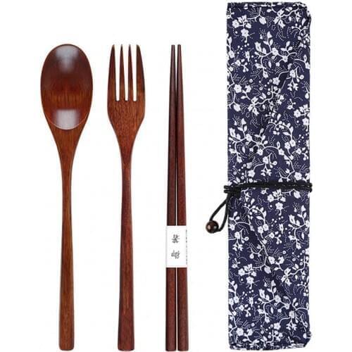 3PCS Portable Wood Tableware Wooden Cutlery Sets Travel Dinnerware Suit Environmental Gifts Set Kitchen Fork Spoon Chopsticks