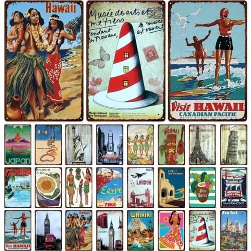 Hawaii Waikiki Seaside Landscape Metal Tin Sign Famous Tourist City Retro Surfing/Car Decorative Plaque Iron Painting 20*30cm