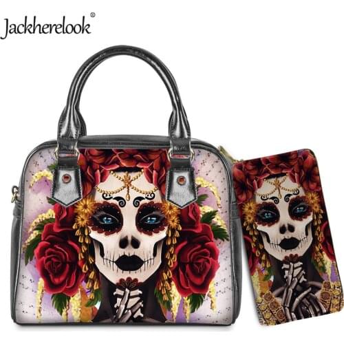 Jackherelook Gothic Skull Girl Design Luxury PU Handbag Wallet 2pcs/Set for Women Ladies Messenger Bag Female Shoulder Bag Bolso