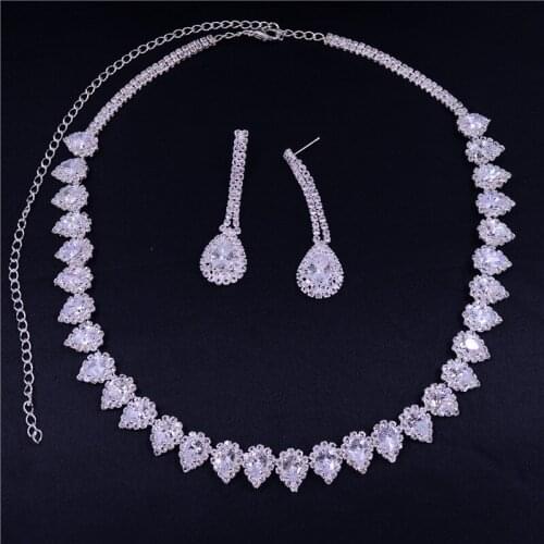 Classic Bridal Crystal Jewelry Sets for Womens Dresses Accessories Zircon Necklace Earrings Set Silver Color Wedding Banquet