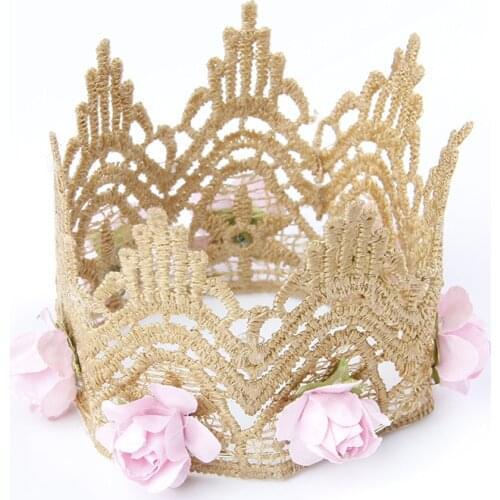 1PCS Khaki Lace Crown for Baby Girls Headband Clips Headwear Crochet Crown with Rose Flowers DIY Girls Women Hair Accessories