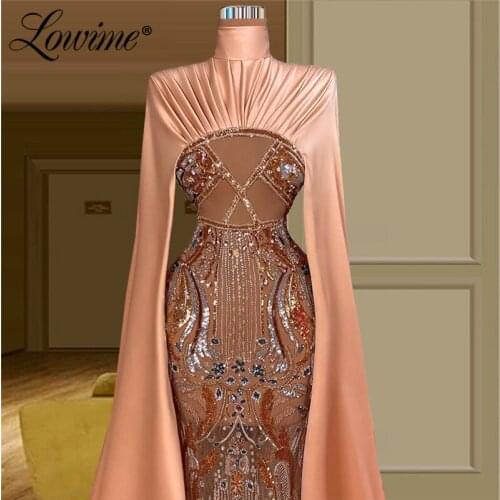 Lowime Elegant Plus Size Evening Dresses Beading See Through Long Prom Dress Dubai Arabic Satin Party Gowns For Weddings Robes