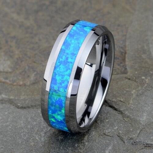 Fashion 8mm Mens Blue Fire Opal Stainless Steel Rings Mens Engagement Wedding Band Jewelry Never Fade