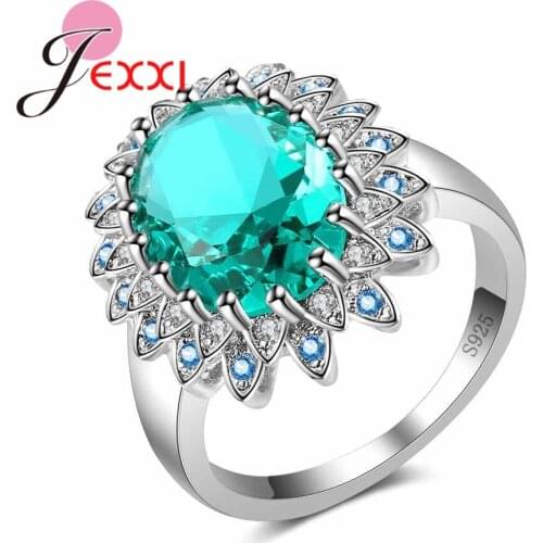 Trendy Women Girls Crystal Flower Jewelry 925 Sterling Silver Rings Paved Colorful Clear CZ Zircon Wedding Anel