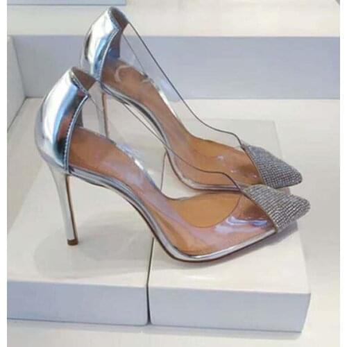 Moraima Snc Bling Bling Crystal Embellished High Heel Shoe Clear PVC Patchwork Party Wedding Heels Thin Heels Dress Shoe
