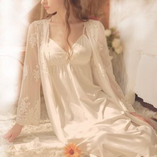 2 Pieces Set Women Lady White Lace Elegant Nightgowns Cotton Nightdress Sleepwear Lolita Spring Summer Pyjamas Dress Bathrobes