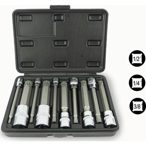New 10Pcs 1/4-Inch Extra Long Triple Square Spline Bit Socket Set, S2 Steel Bits,Chrome Vanadium Sockets