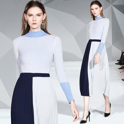 Trytree Autumn Winter Women Casual Two piece Set Turtleneck Stripe Belt Tops + Skirt Pleated Spliced Office Lady 2 Piece Set