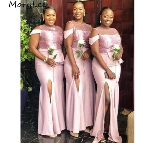 Bridesmaid Dresses Scoop Sleeveless Side Slit Mermaid Satin Pleated Pearl Bridesmaid Dresses Wedding Party Bridemaid Gowns