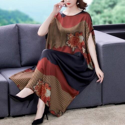Plus Size Women Print A-Line Dress Loose Imitate Real Silk Dresses New Pattern Short Sleeves Dress Lady Casual Costumes