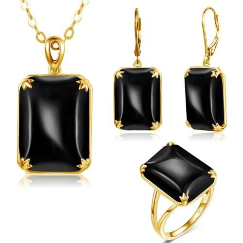 Szjinao Gold Jewelry Set For Women Real 925 Sterling Silver Black Onyx Pendant Earrings Ring Set Vitage Fine Jewelry Handmade