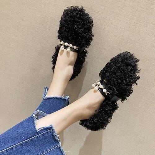 Round Toe Slip On Shoes For Women Pearl Decorateion Womens Moccasins Loafers Fur Autumn Modis All-Match Female Footwear Casual