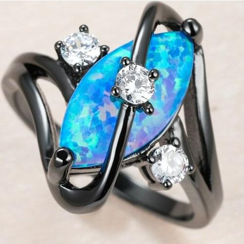 Vintage Female Blue Leaf Opal Ring Charm 14KT Black Gold Thin Wedding Rings For Women Luxury Bride Round Crystal Engagement Ring