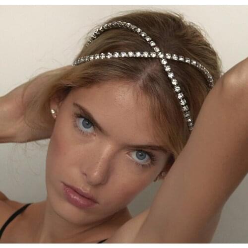 2021 Bling Crystal Big Rhinestone Hair Band Silver Color For Women Luxury Cross Headband Bridal Tiara Crown Wedding Jewelry
