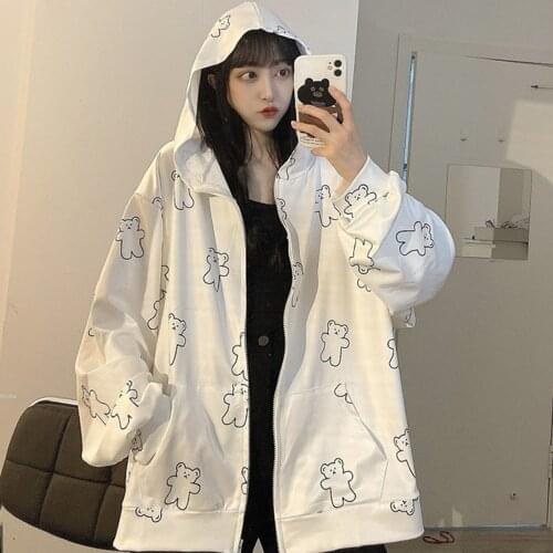Womens Spring And Autumn Thin Cute White Bear Hoodie 2021 New Students Korean Version Of Loose Sweatshirt Long-sleeve Trend Top
