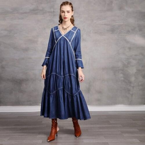 Johnature Women Denim Vintage Dresses V-Neck Butterfly Sleeve Patchwork 2021 Autumn New Blue Casual A-Line Female Dresses