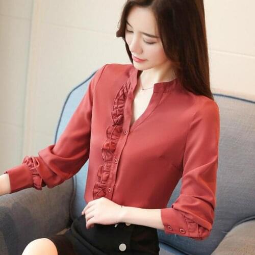 Spring Fall Office Lady Women Ruffles Cardigan Full Sleeve Chiffon Blouse , Autumn Korean Style Female Woman Slim Blouses Shirt
