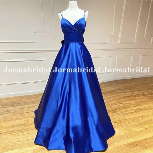 Royal Blue Satin A-Line Prom Dresses With Bow Knot Spaghetti Strap Backless Formal Party Dress robe de soirée de mariage
