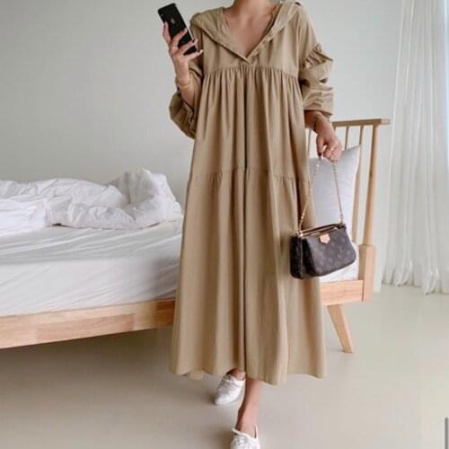Johnature 2021 Spring New Hooded Collar Korean Dresses For Women Simple Loose Solid Color Shirt Dress