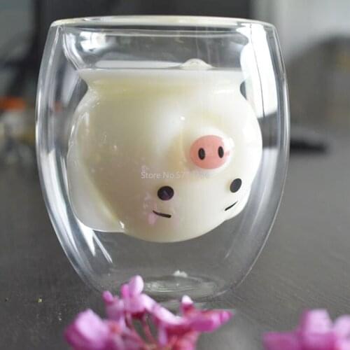 250ML Cartoon Pig Double-layer Glass Cute Animal Coffee Mug Double-layer Anti-scalding Milk Breakfast Cup Funny Mugs