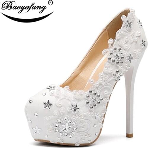 BaoYaFang White flower Wedding shoes Woman 14cm High heeled Round Toe Platform shoes Bridal Sweet Party dress shoes