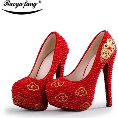 BaoYaFang Red pearl Womens Wedding shoes Gold accessories woman High heels platform shoes party dress shoes Luxury party Pumps