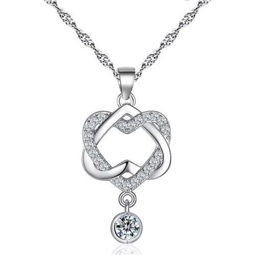 White Chain Copper Heart Shape Bling Starry Clear Rhinestone Pendant Charm Classical Necklace For Women