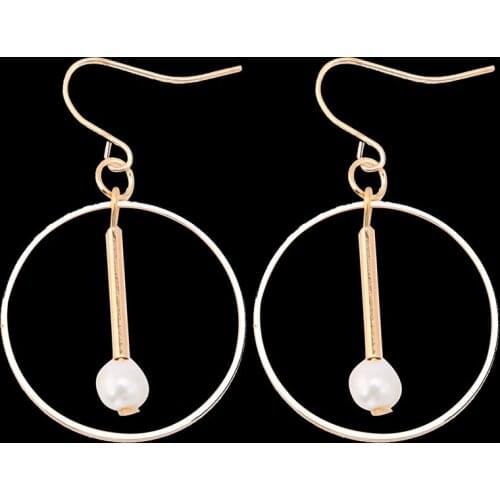 Big Hoop Center Metallic Stick Simulated Pearl Pendant Golden Silver Plated Dangle Earrings for Women Drop Earrings