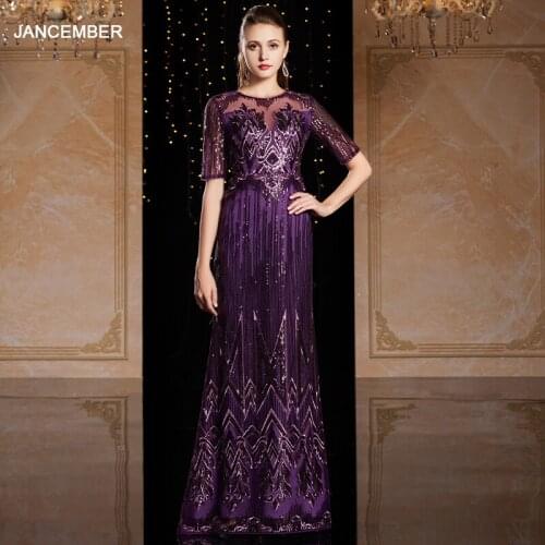 J9069 jancember evening dresses long 2020 o-neck half sleeve sequin pattern purple plus size formal dress abiti da cerimonia