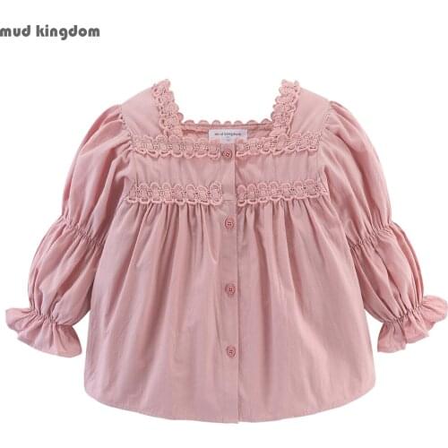 Mudkingdom Button Down Girl Blouse Lace Smocked Long Sleeve Solid Girls Tops Cotton Kids Clothes